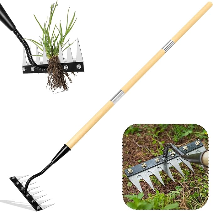 Iron Weeding Rake with Handle 2.0 Upgraded 8 Teeths Garden Weed Puller Tool Heavy Duty Gardening Tool for Lawn Flower Beds &amp Soil Aeration