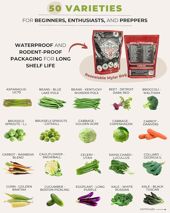 50 Tactiko Survival Vegetable Herb &amp Fruit Seed Kit - U.S.A. Harvested Varieties - Over 35000 Non-GMO Heirloom Seeds - Emergency Seed Vault in Waterproof Mylar Bag - Long-Term Storage