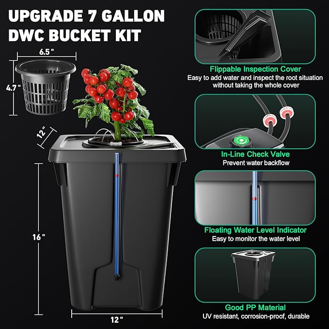 2 Buckets DWC Hydroponics Grow System with Top Drip Kit 7 Gallon Deep Water Culture with Air Pump Air Stone Air Hose Recirculating Drip Garden System
