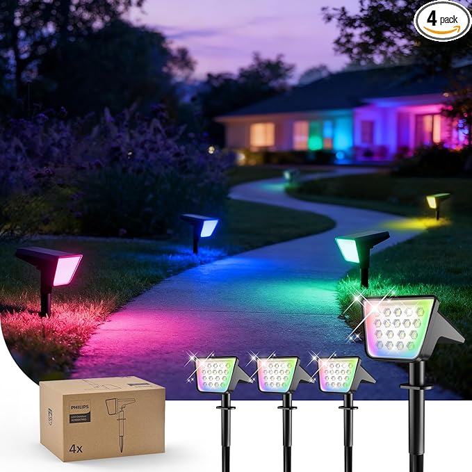 Philips 4 Packs Solar RGBW Spot Lights Outdoor 18 LED Solar Powered Landscape Lights 9 Lighting Modes Color-Changing Dusk to Dawn Waterproof Pathway Spotlights for Garden Trees Halloween Christmas