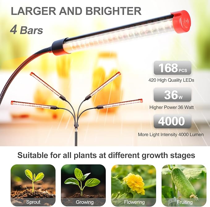 FECiDA Gamechanger! 36 Watt Power Draw NO Need Adapter 4Head Grow Light with Tripod Stand 2026 Big Coverage LED Grow Lights for Indoor Tall Plants Bonsai Tree 4/8/12/16/20H Timer