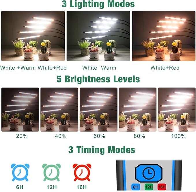Garpsen Grow Lights for Indoor Plants [2Pack] 100 LEDs Full Spectrum Plant Light with Timer 6/12/16H 6000K Grow Lamp with 15~63''Adjustable Stand &amp Gooseneck 3 Light Modes 5 Levels Dimmable