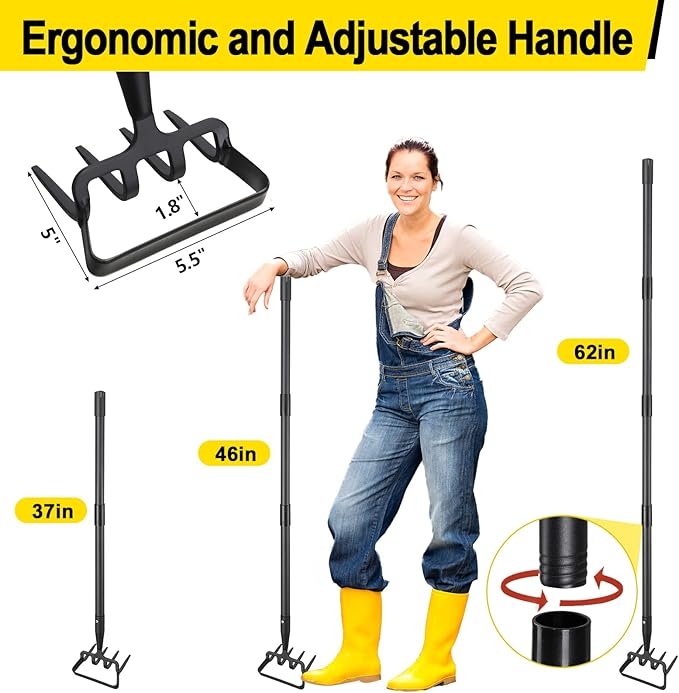 Garden Hoe Heavy Duty Hula Hoe Garden Tool for Weeding 62 Inch Cultivator Stirrup Hoe with Adjustable Long Handle Action Scuffle Loop Hoe with Rake 2-in-1 Gardening Tool for Loosening Pulling Weed