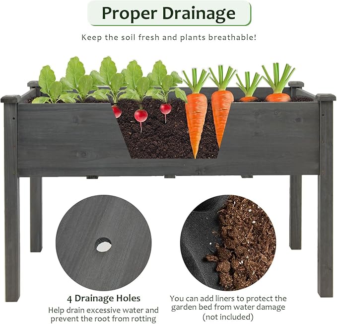 GRAFFY Raised Garden Bed 49.5 X 23.5 X 30.0 Wooden Elevated Planter Box for Vegetable Flower Herb Outdoor Planting Bed Container with 4 Drain Holes &amp Legs for Grass Lawn Patio Backyard(Grey)