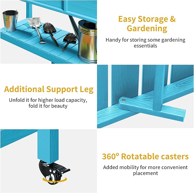 DWVO 47x18x31in Raised Garden Bed HDPE Weather-Resistant Poly Wood Planter Box Stand Planter Box with Legs Storage Shelf &amp Lockable Wheels Elevated Garden Bed for Backyard Patio - Aruba Blue