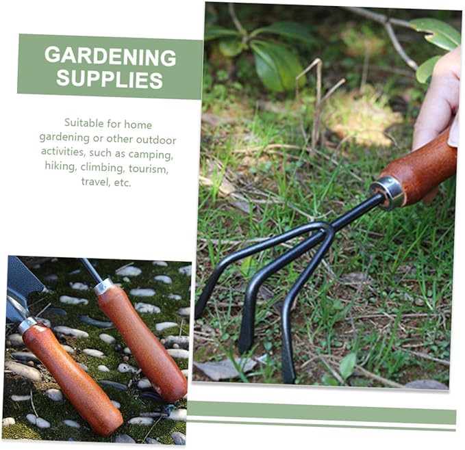 Garden Tool Set 4pcs Mini Hand Trowel and Narrow Spade with 3-Prong Rake Dual-use Hoe and Soil Scoop for Flower Planting and Vegetable Gardening