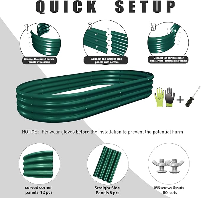 8 Pack 6x3x1FT Galvanized Raised Garden Bed Kit Oval Metal Ground Planter Box Outdoor Bottomless Planter Raised Beds for Vegetables Flowers Herbs Fruits Green