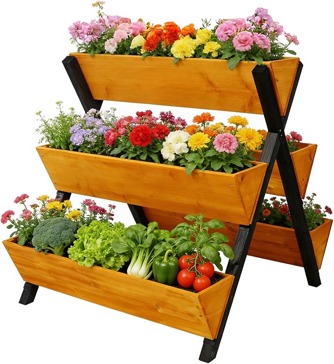 3 Tiers Wooden Vertical Raised Garden Bed with LegsBrown Planter Raised Beds Kit for Flowers Herbs Vegetables (29 L x34 W x32 H)