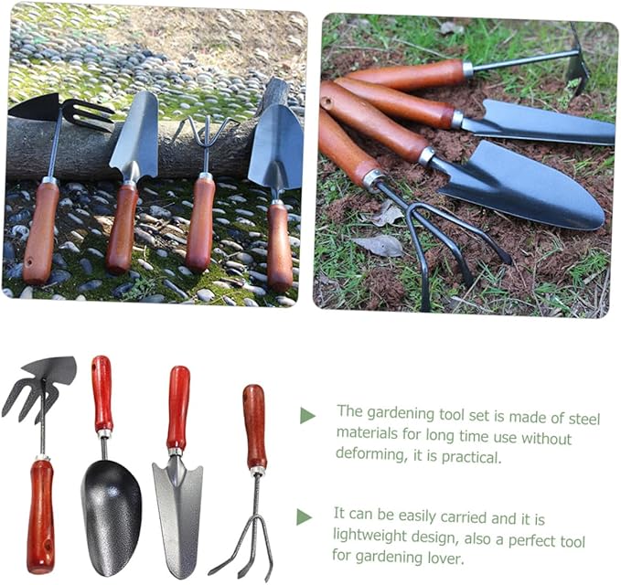 BESPORTBLE 4pcs Garden Tool Set with Hand Trowel Narrow Shovel 3-Prong Cultivator and Dual-use Hoe for Planting and Soil Cultivation – Compact Iron Gardening Tools for Home and Outdoor Use