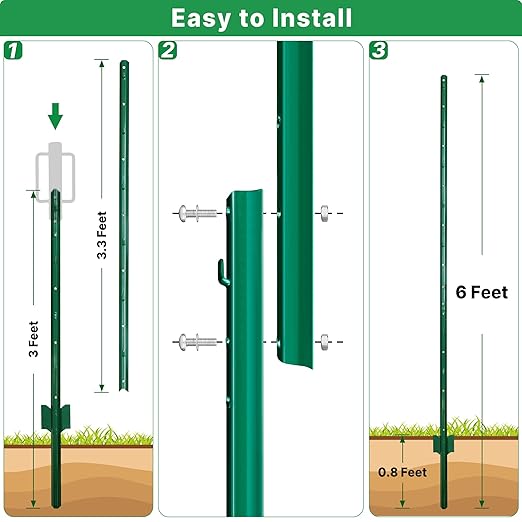 ARIFARO Metal Fence Posts 6 Feet assemblablePack of 10Sturdy Duty No Digging Garden U Post for Wire Fencing Steel Poles for Yard Outdoor