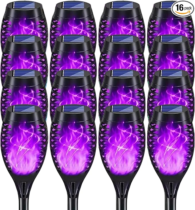 Solar Lights Outdoor Decorations Upgraded Purple Flickering Flame Waterproof Halloween Torch Lights Tiki Torches for Outside Patio Pathway Decor 6 Pack (16)