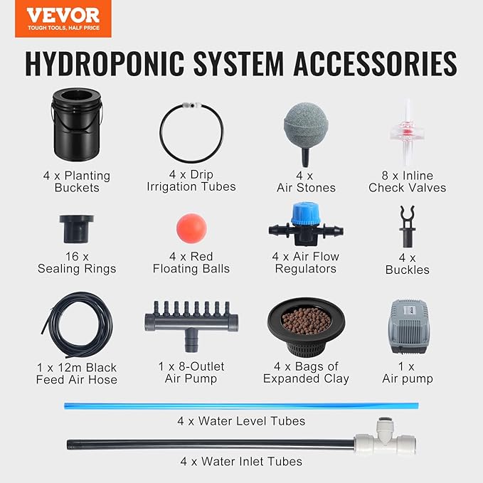 VEVOR DWC Hydroponics Grow System Hydroponic Growing System with Top Drip Kit Deep Water Culture 5-Gallon 4 Buckets with Air Pump Air Stones and Water Level Device for Leafy Vegetables