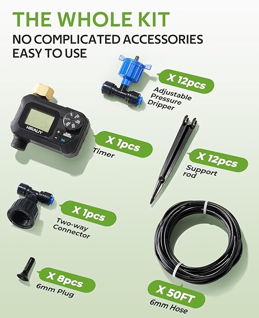 HIRALIY 50FT Pressure Compensated Drip Irrigation System with Timer No-Leak Quick Connect Automatic Watering System 12 Adjustable Emitters for Uniform Flow Garden Patio Raised Bed