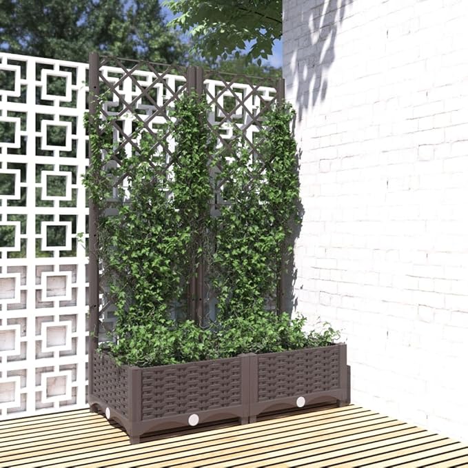 Large Outdoor Raised Planter with Trellis 31.5x15.7x47.8 Brown Polypropylene Elevated Garden Box for Climbing Plants Modern Matte Patio Trough for Balcony Terrace and Yard