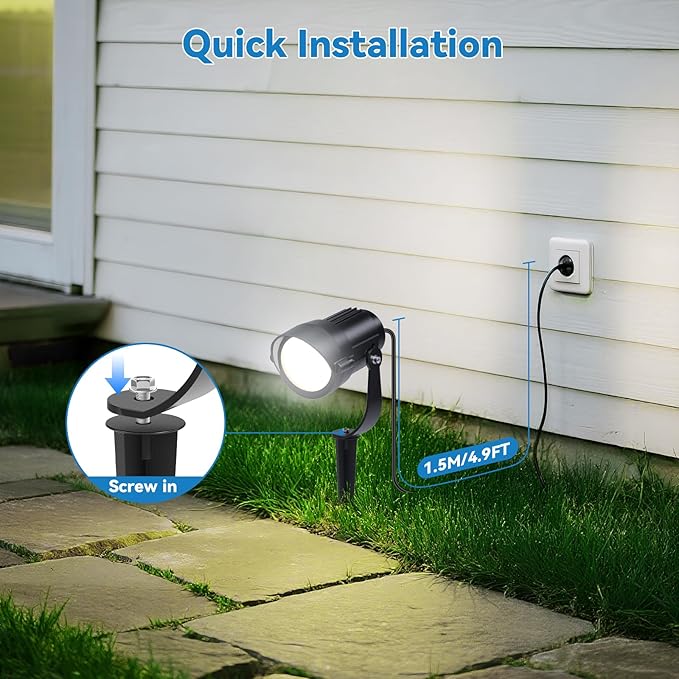 HIBOITEC 12W Spot Lights Outdoor 110V to 120V Landscape Lighting Waterproof Spotlight with 4.9ft 3-Plug LED Plug in Landscape Lights for Yard Gardern Decorations 5000K 2Packs