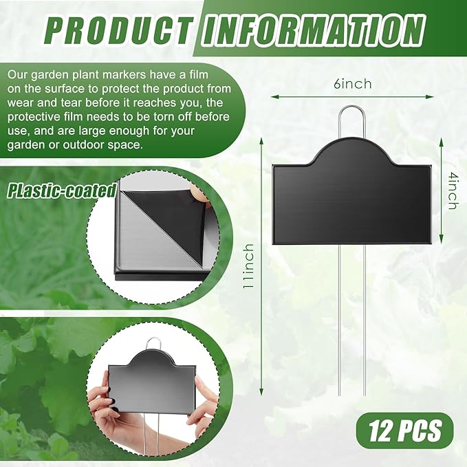 Landhoow 12 Pack Extra Large Metal Plant Labels 6 x 4 with 11'' Stake Stainless Steel 304 Garden Markers Waterproof Plant Marker Weatherproof Garden Signs for Vegetable Herb Flower Seed Greenhouse