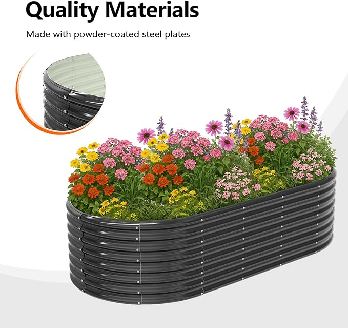 VINGLI 8x4x2ft Raised Garden Bed Oval Planter Boxes Outdoor Galvanized Raised Garden Beds for Gardening Easy Assembly Planter Boxes for Vegetables (Black)