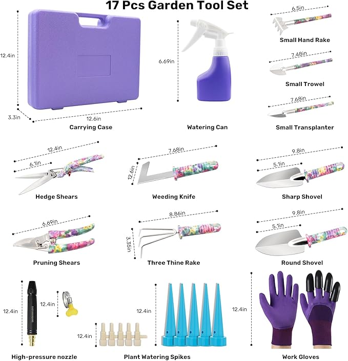 Garden Tool Set 17-Piece Garden Tools with Floral Print 304 Stainless Steel Garden Tools Set Gardening Kit Gardening Gifts for Women Purple