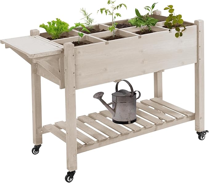Outsunny Raised Garden Bed with 8 Grow Grids Wooden Outdoor Plant Box Stand with Folding Side Table and Wheels 49 x 21 x 34 for Vegetables Flowers Herbs Natural