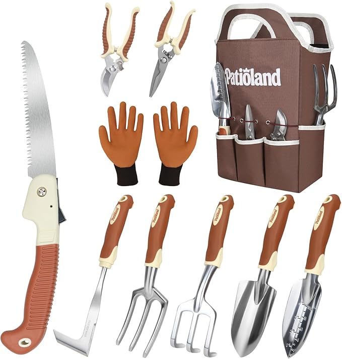 10-Piece Garden Tool Set Brown Gardening Hand Tools with Non-Slip Handles Heavy Duty Rust-Proof Aluminum Tools Organizer Tote Bag &amp Gardening Gloves Ideal Gardening Gifts for Women and Men