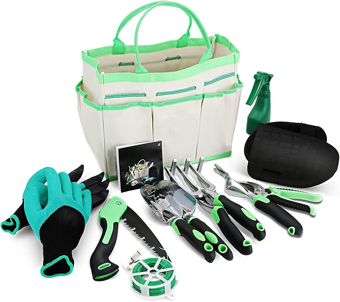 Green Garden Tools Set 12-Piece Heavy Duty Steel Gardening Tools with Canvas Water-Proof Storage Bag 12 Trowel Transplanter Weeder with Non-Slip Soft Handles Perfectly Meets Your Various Needs