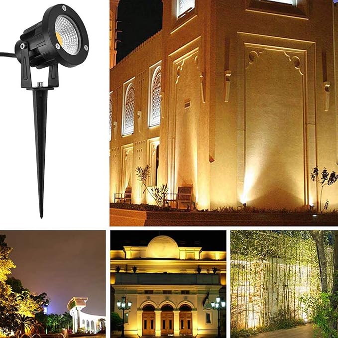 7W COB Landscape Lights Warm White 3000K Waterproof IP65 Spotlight with US Plug and 3M/9.84ft Rubber Wire Outdoor Pathway/Flag Lights with Stake for Garden Yard Lawn Decoration(2 Packs)