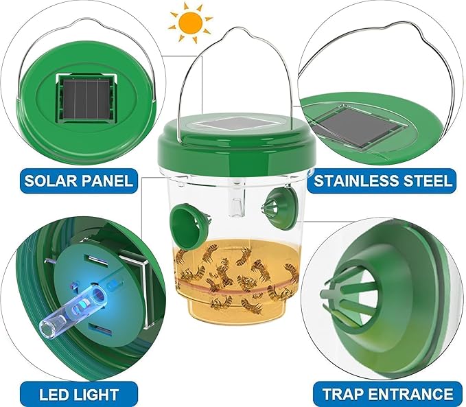 Wasp Traps for Hunting Wasps Bees Hornets Insects Yellow Jacket Traps Wasp Trap Catcher Reusable Solar Powered Hanging for Outdoor 4 Packs