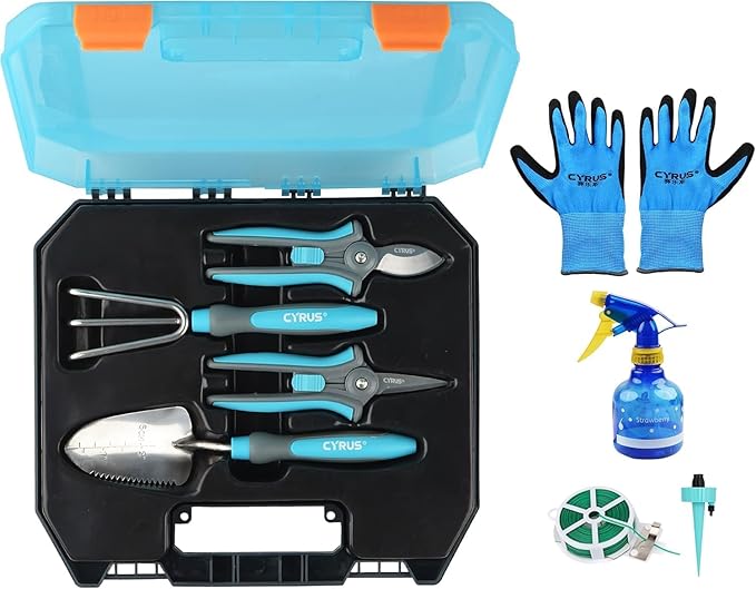 Gardening Tool Set 8 Pieces Rust-Resistant Stainless Steel Tools Impact-Resistant Toolbox Nitrile Gloves &amp Watering Can for Outdoor Yard Care