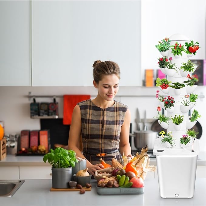Hydroponic Growing System Kit Hydroponic Growing Tower with 10L Tank Fruits Vegetables Vertical Planter Tower Kit 6 Layers 30 Plants Indoor Hydroponics Growing System White