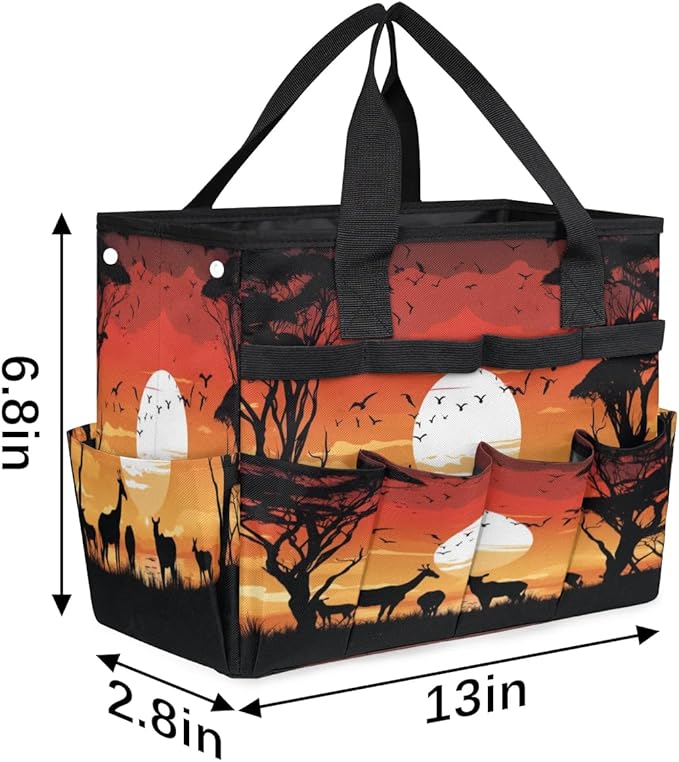 Deer Bird Tree Sunset Silhouette Garden Tool Bag Waterproof Garden Tool Storage Bag Heavy Duty Oxford Gardening Tool Bag with Handle &amp 10 Pockets for Men Women Outdoor Garden Lawn Yard
