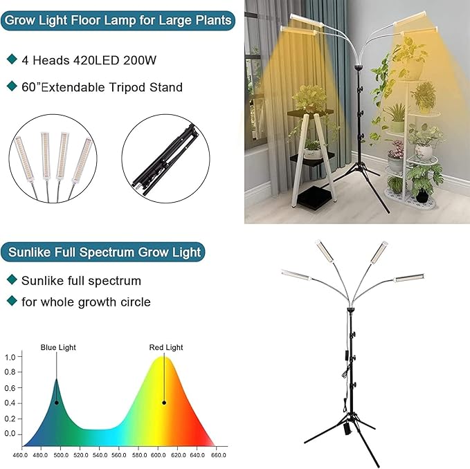 LED Grow Lights for Indoor Plants 420 LEDs Full Spectrum Plant Lights for Indoor Growing with 15-63 inches Adjustable Tripod Stand 4 Heads Floor Grow Lamp with 3/6/12H Auto On/Off Timer Function