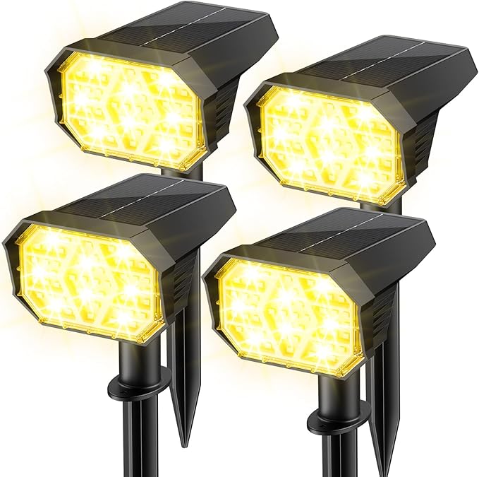 Brightown Solar Lights Outdoor with 58 LED &amp Auto ON/Off IP67 Solar Spot Lights Outdoor with 3 Light Intensities. 2-in-1 Outdoor Solar Lights for Yard Gardens Flag and Pathways. 4Pcs (Warm Whit