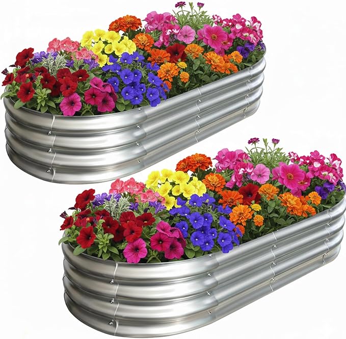 Raised Garden Bed Kit4x2x1ft Galvanized Planter Box Outdoor with Safety EdgingRust-Resistant Garden Bed - Oval Large Metal Raised Garden Beds for Vegetables…（2 Pack）