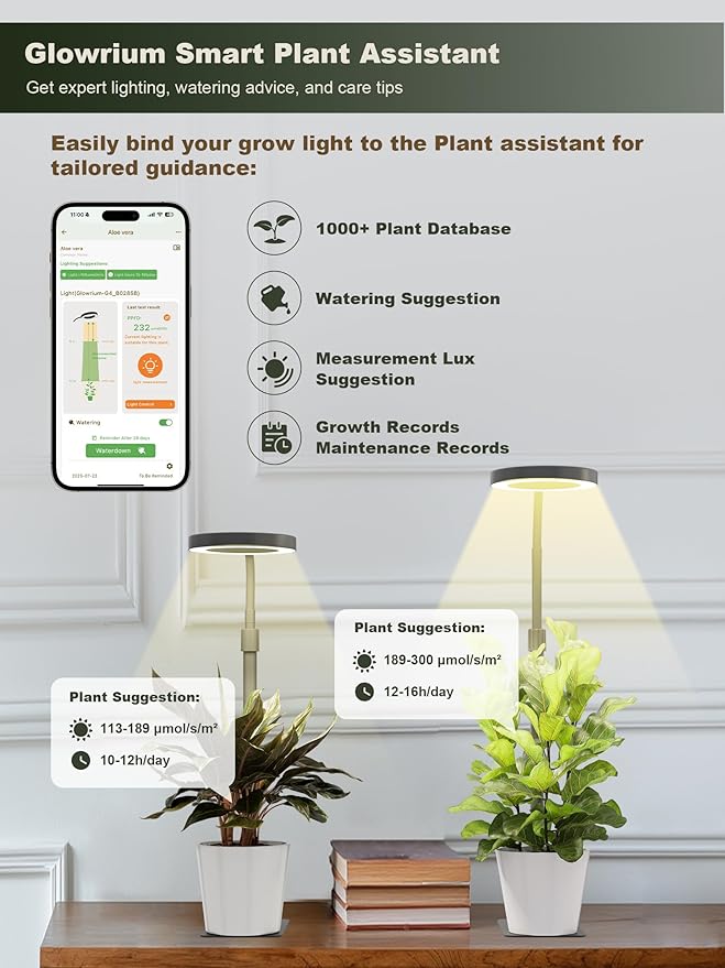 GLOWRIUM Smart LED Grow Lights for Indoor Plants G4 12W Full Spectrum 3500K with Grow lamp Bluetooth App Control 10-Level Dimming Gooseneck Height Adjustable 16-23 Auto Timer (Black 12W)