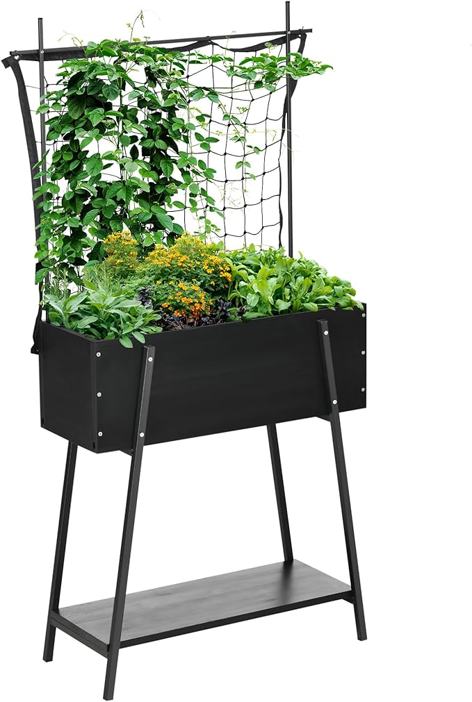 Outsunny Raised Garden Bed with Trellis and Metal Legs Elevated Planter Box with Storage Shelf and Bed Liner for Vegetable Vines Climbing Plants Flowers