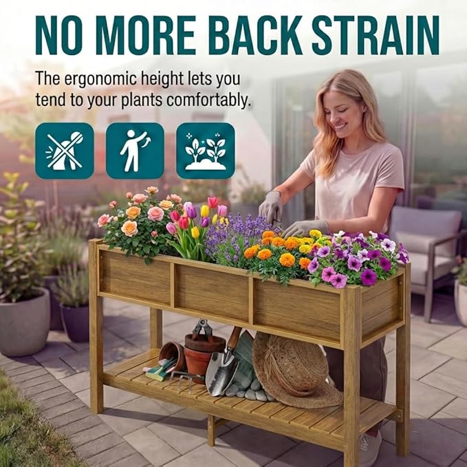YITAHOME Raised Garden Bed Outdoor HDPE with Shelf 48x18x30in Poly-Wood Weather-Resistant Elevated Planter Box with Legs for Vegetable Flower Herb Garden Bed for Backyard Balcony Garden Brown