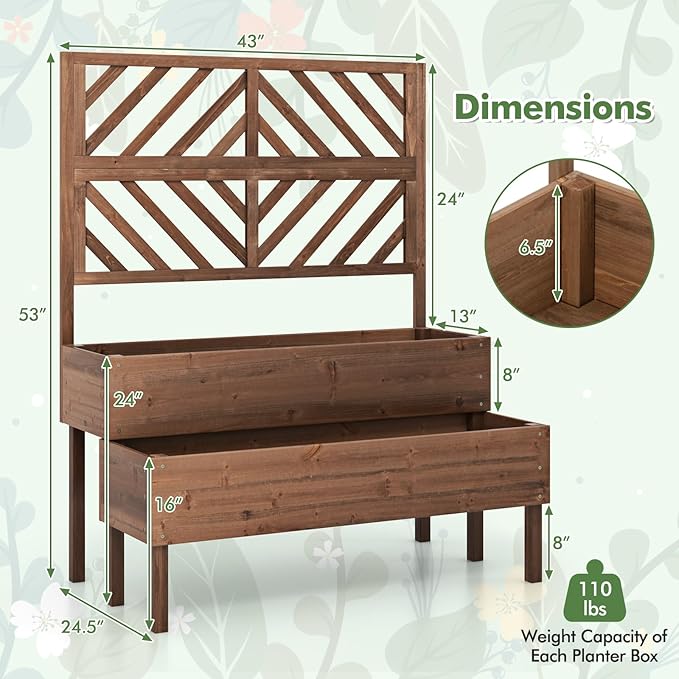 MAT EXPERT Raised Garden Bed with Trellis 2-Tier Wood Planter Box with Drainage Outlet &amp Legs Lattice Panels Vertical Planter for Patio Elevated Garden Planter for Fruit Flower Herb &amp Ve