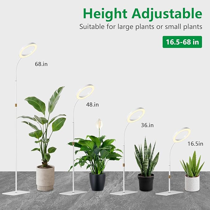 One Head Grow Light for Indoor Plants Full Spectrum - Floor Standing Plant Lamp with Auto Timer 6/12/18H 5-Level Dimmable &amp Adjustable Height 16.5-68in for Large Tall Plants | White