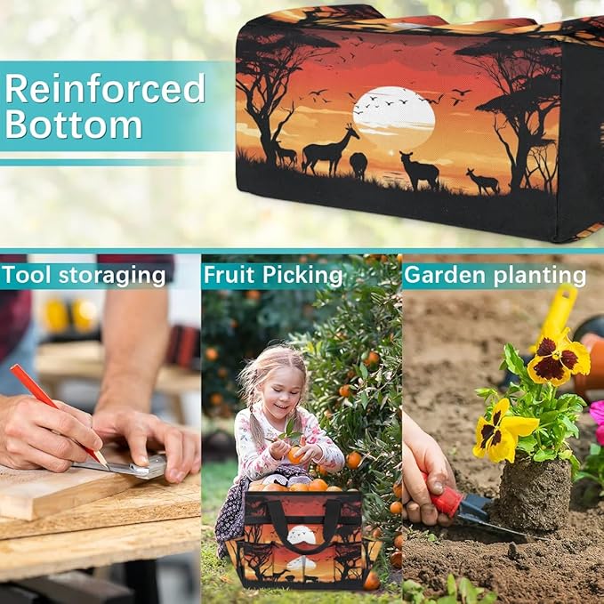 Deer Bird Tree Sunset Silhouette Garden Tool Bag Waterproof Garden Tool Storage Bag Heavy Duty Oxford Gardening Tool Bag with Handle &amp 10 Pockets for Men Women Outdoor Garden Lawn Yard