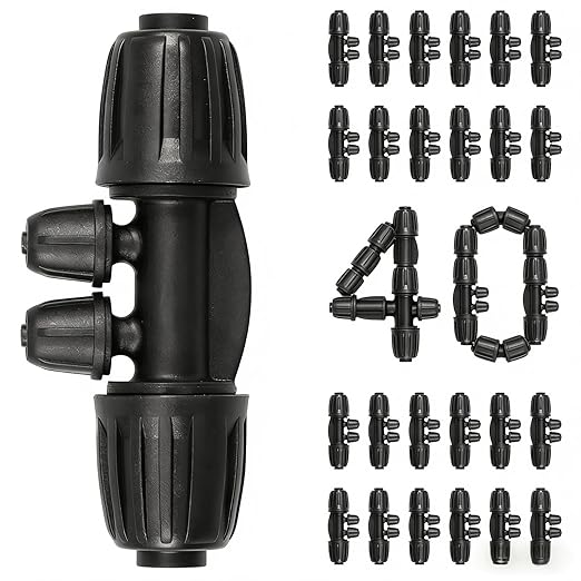 40 PCS Drip Irrigation Fittings 4-Way Lock Barbed Connectors 1/2 Inch to 1/4 Inch Anti-Drop Tee Fitting for 1/2 Irrigation Tubing (16mm OD 0.60-0.63) Garden Lawn Farm Drip System Parts