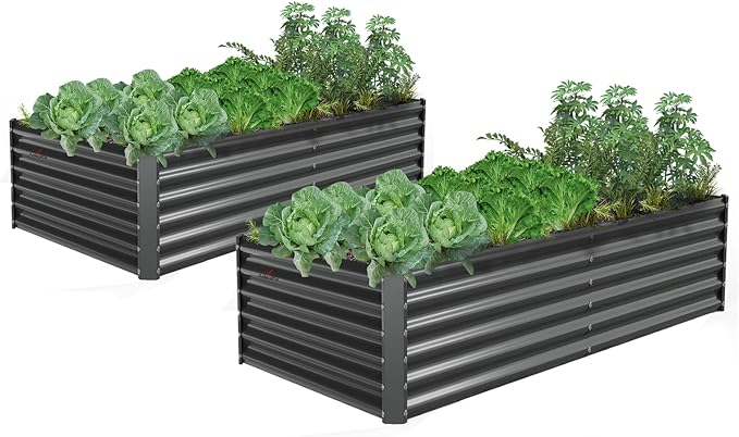 A ANLEOLIFE 2 Pcs 6X3X1.5 ft Rectangular Galvanized Raised Garden Beds Outdoor for Planting Vegetables Flowers Herb Quartz Grey