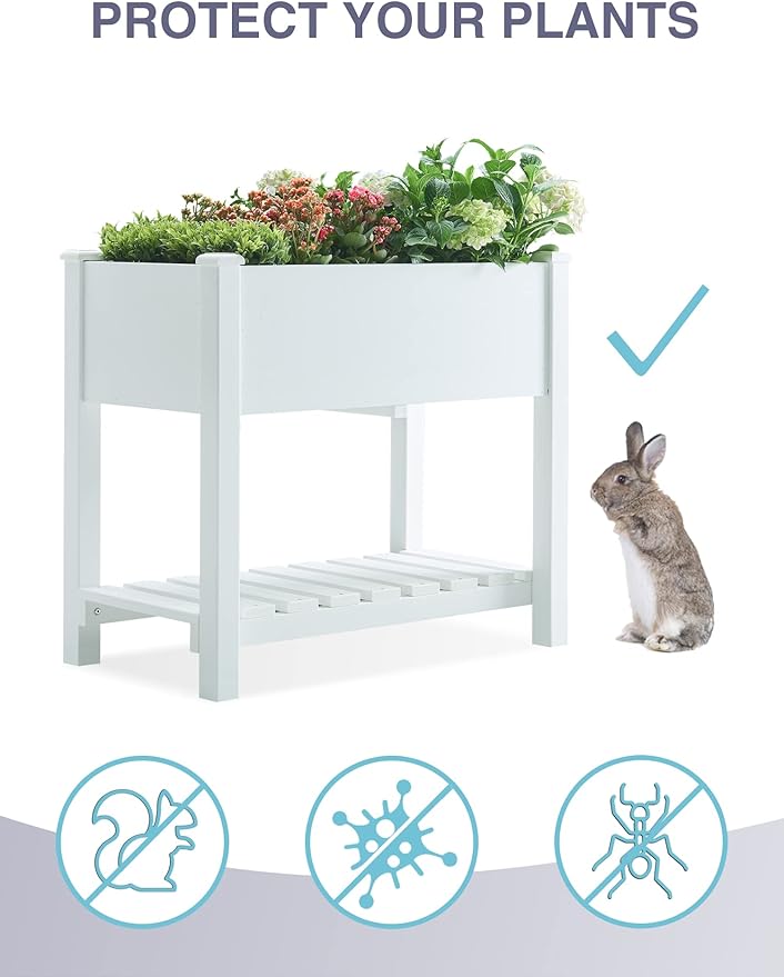 Psilvam Raised Garden Bed (4'x2') - 34 Inch Tall Poly Lumber Planter Box with Storage Shelf &amp Waterproof Tarp No Assembly Required Rot Resistant &amp Zero Maintenance for Vegetables Flowers