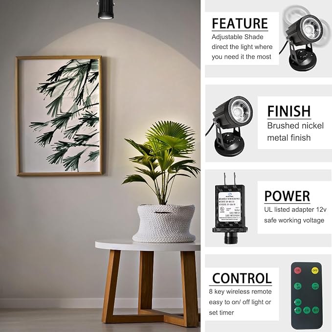 2 Pack LED Spot Lights Indoor Dimmable Accent Lighting Uplights with Remote 7.5 ft Cord Adjustable Warm White Aluminum Finish Up Light for Plants Art Decor (Including Base and Stake)