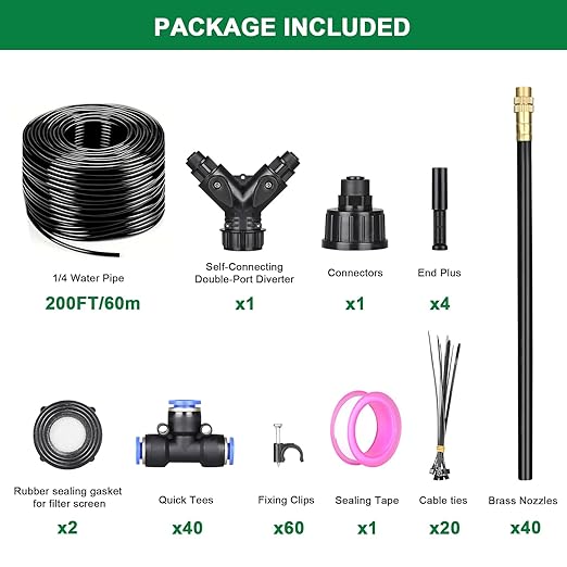Drip Irrigation System 2026-Upgrade 200Ft 1/4 Garden Watering System with 40 Pcs 360° Adjustable Copper Nozzles DIY Kit for Garden Lawn Greenhouse Raised Beds &amp Outdoor Plants
