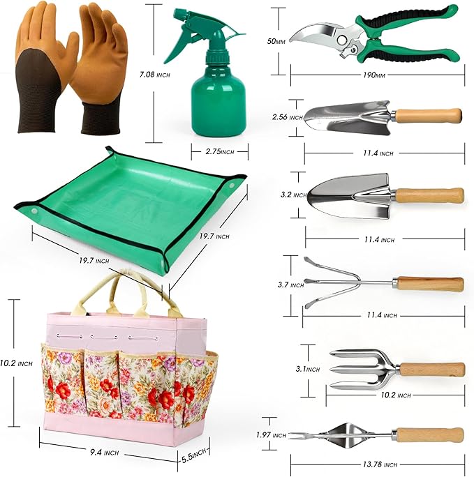 Garden Tool Set 10 PCS Gardening Essentials Stainless Steel Garden Hand Tools with Tote Bag Well-Designed Gardening Supplies Kit Gifts for Women Men Gardeners