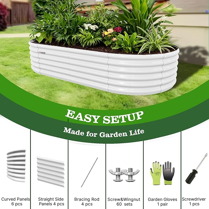 A ANLEOLIFE 8X4X1.5 ft Galvanized Raised Garden Beds Outdoor Oval Large Metal Planter Box for Planting Vegetables Flowers Herb Anti-Rust &amp Easy-Setup Antique White