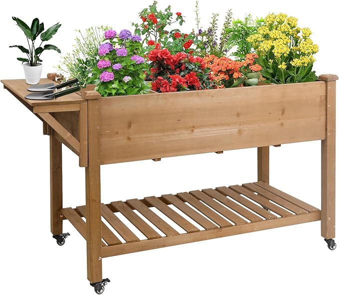 Raised Garden Bed Outdoor with Lockable Wheels 55x 24 x 33 Elevated Wood Planter Box for Backyard Balcony Patio  Garden Flower Beds with Drainage Holes &amp Storage Shelf Gift for Gardening Br