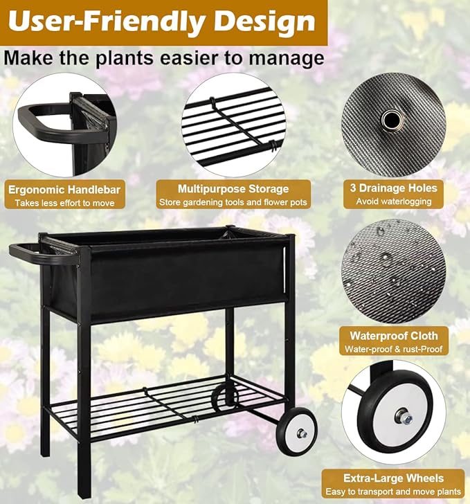 Koutemie Outdoor Raised Planter Bed Box with Legs for Gardening Elevated DIY Garden Cart on Wheels for Vegetables Flower Tomato Herb Plant Black