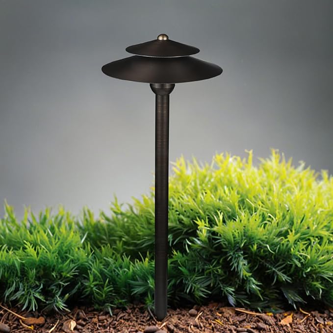DOSHINE® Solid Brass Low Voltage Landscape Lighting Pathway Lights (8.25 Shade 22 Tall) with Replaceable 3W G4 LED Bulb 3000K AC/DC 12V and Ground Stake for Outdoor Walkway Driveway (DOU 6-Pack)