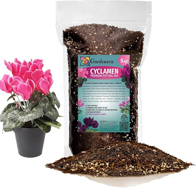 Gardenera Premium Cyclamen Potting Soil Mix - Perfect Balance of Nutrients Drainage and Aeration for Thriving Blooms - 5 Quart